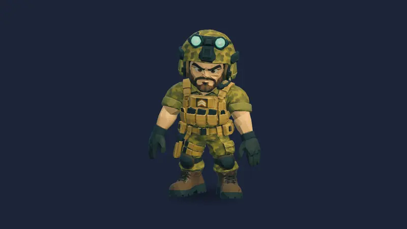 Rook in his camo helmet with cyan goggles, plate carrier and gloves