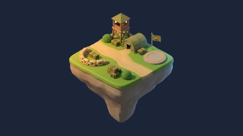 Operation 1's island: the Outpost, with its watchtower and helipad