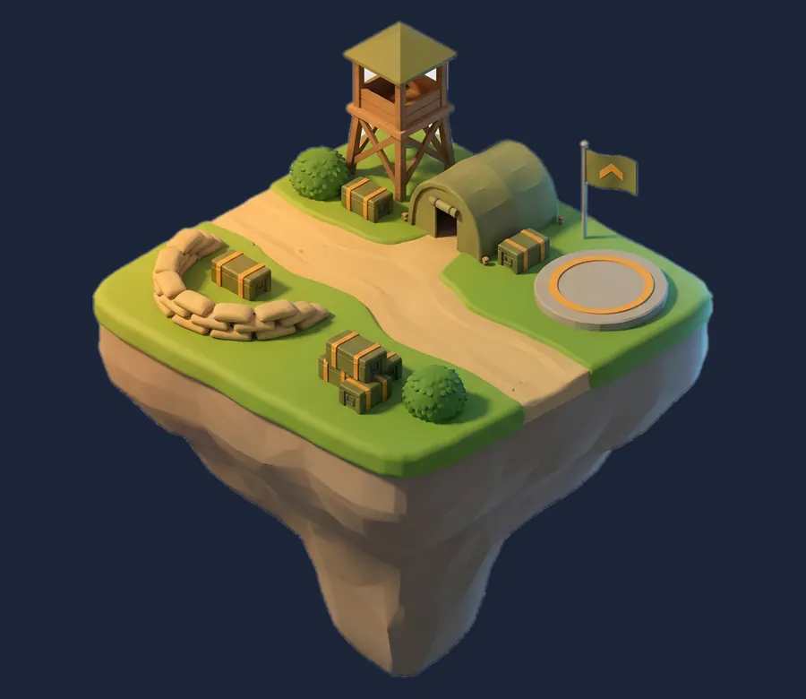 Operation 1's island: the Outpost, with its watchtower and helipad