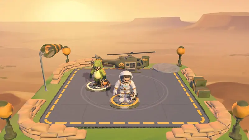 Two players' Rooks waiting on the helipad, one in a space suit and one in a dinosaur costume, each with Rex in an outfit and the helicopter behind them
